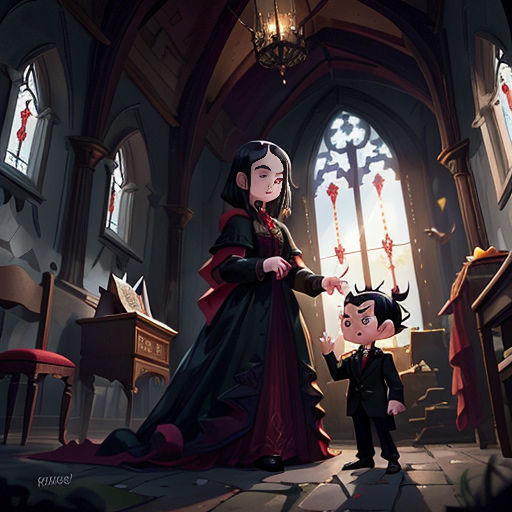 a little boy and a woman in a gothic church with a stained glass window and a gothic priest in the background
