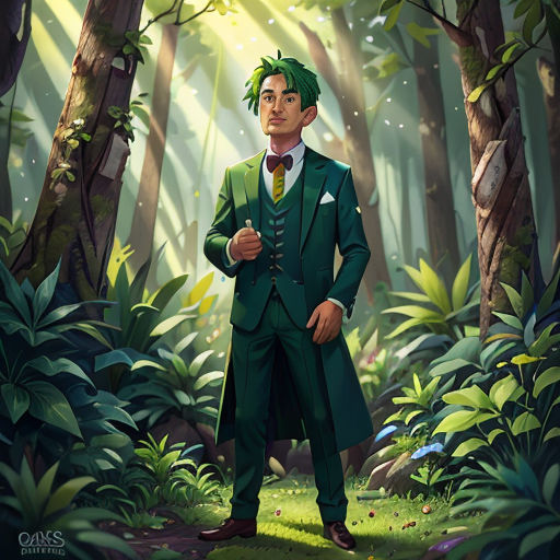 a painting of a man in a green suit in the woods with trees and grass around him and a forest background