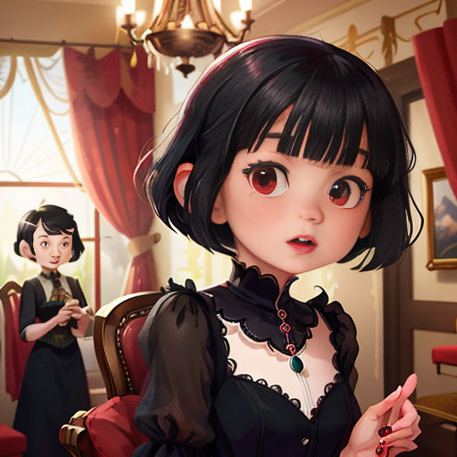 a woman in a black dress sitting in a chair next to a little girl in a red chair and a red chair