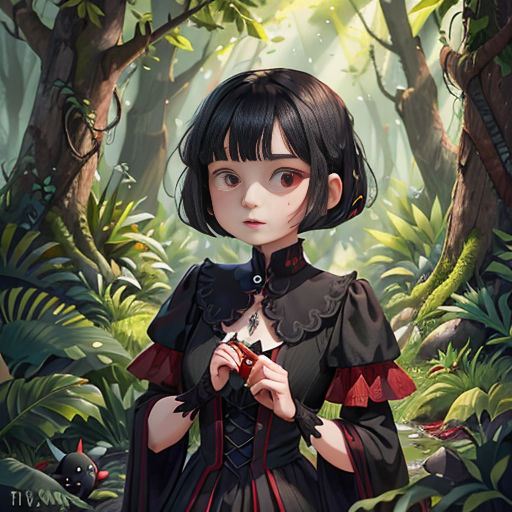 a girl in a forest with a star in her hand and a forest background with trees and plants and a bird