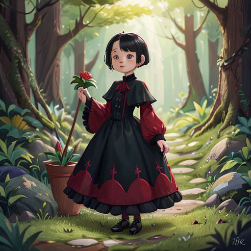 a little girl in a red and black dress holding a rose in a forest with a path leading to a red rose