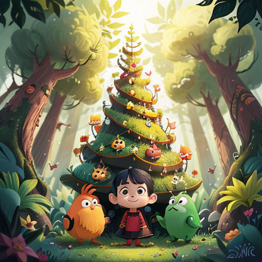 a cartoon christmas tree with a little boy and two fish in front of it and a forest with trees