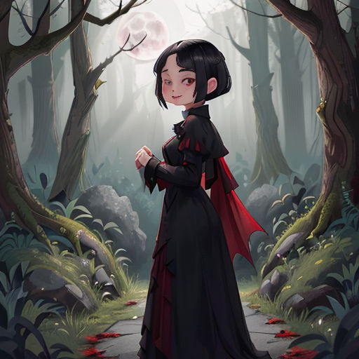 a woman in a black dress standing in a forest with a red cape on her head and a red cloak over her shoulders