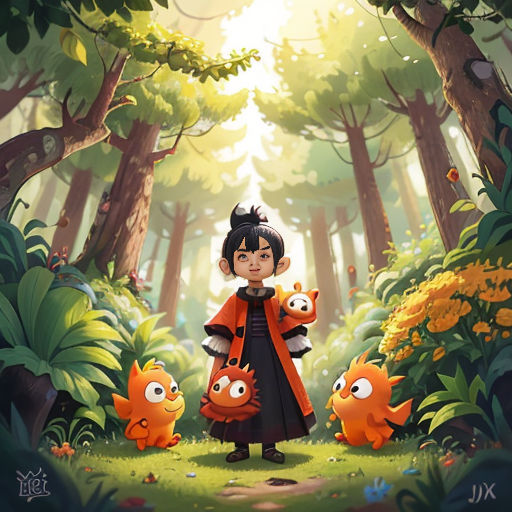 a woman standing in the middle of a forest with two orange fish around her and a red fish in her hand