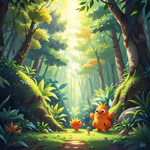 a cartoon character is walking through a forest with a light shining in the background of the scene and a cat is running towards the viewer
