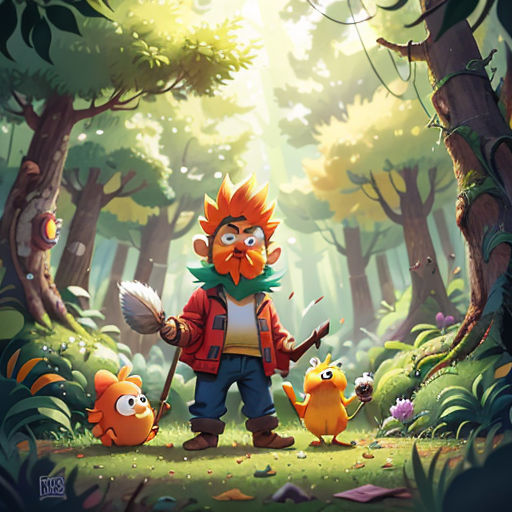 a man with a beard and a beard holding a stick in a forest with other animals and plants around him