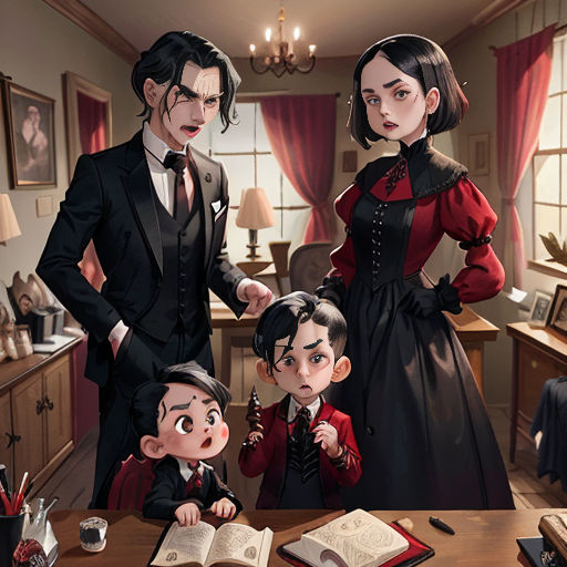a family of three standing in front of a book on a table with a book open to the side