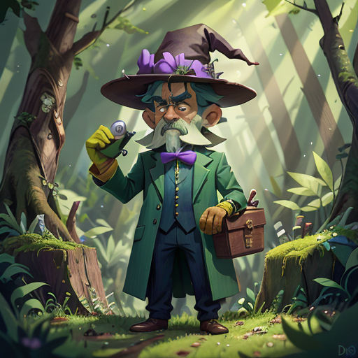 a cartoon character with a beard and a mustache in a forest holding a briefcase and a pipe in his hand