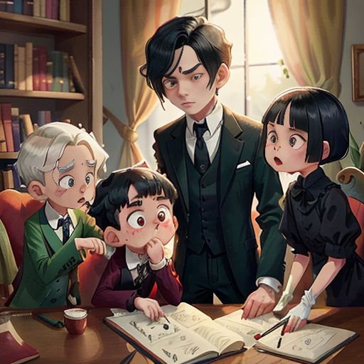 a group of people sitting around a table with books and papers on it, and one person holding a pen