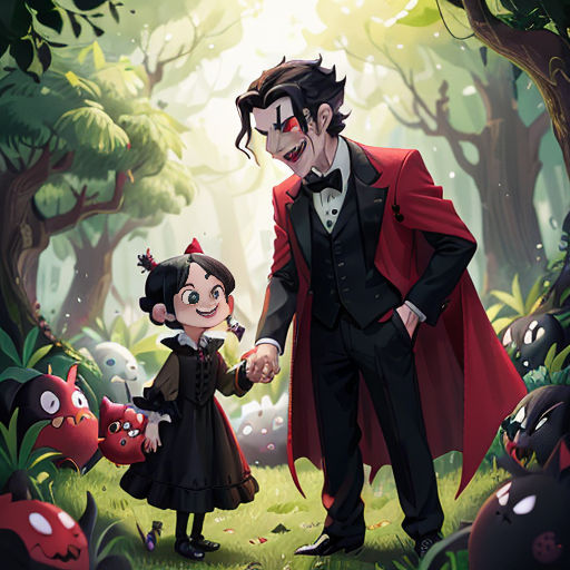 a little girl dressed as dracula and a man dressed as dracula in a forest with a red cape on