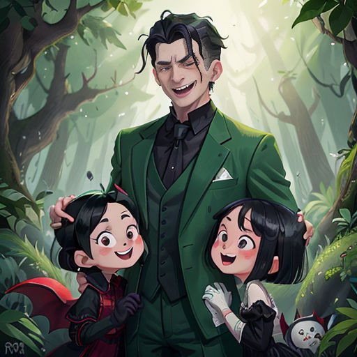 a man in a green suit and two children in a forest with trees and plants behind him, with a light shining through the trees
