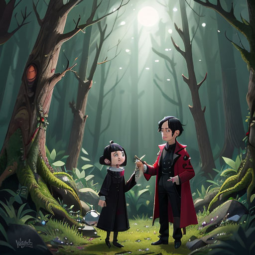 a couple of people standing in a forest next to a forest with trees and plants on it and a light shining on the ground
