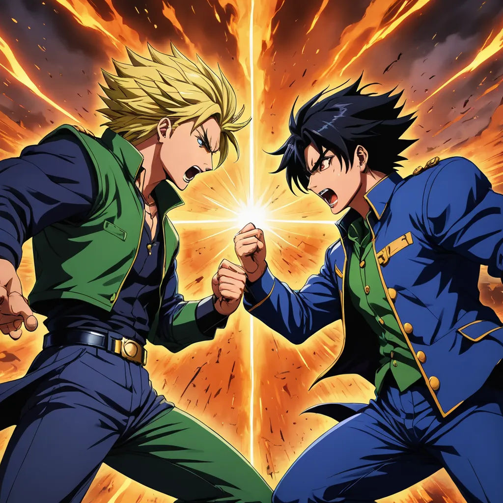 two anime characters fighting in front of a fire background with a star burst in the background and a yellow star in the middle, serial art, poster art, Baiōken Eishun, official art