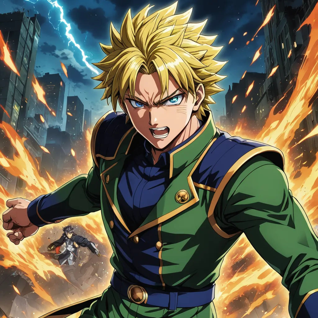 a man in a green uniform with a sword in his hand and a fire in the background with buildings, rayonism, poster art, Baiōken Eishun, official art