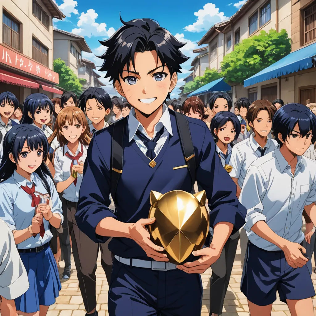 a man holding a golden object in front of a crowd of people in uniform on a street with buildings, rayonism, poster art, Baiōken Eishun, official art