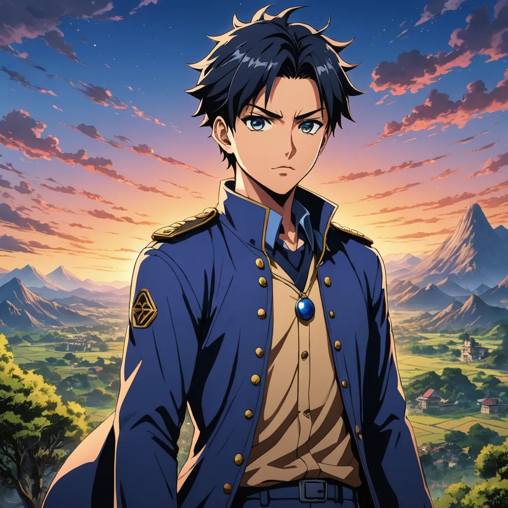 a man in uniform standing in front of a sunset with mountains in the background and trees in the foreground, rayonism, a character portrait, Eizan Kikukawa, anime key visual