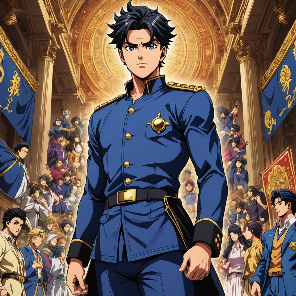 a man in a uniform standing in front of a crowd of people in a building with a gold ceiling, rayonism, a poster, Baiōken Eishun, official art