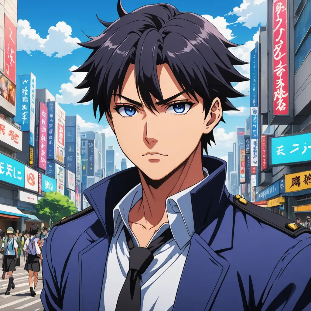 a man in a suit and tie standing in front of a cityscape with people walking around him, rayonism, a character portrait, Cedric Seaut (Keos Masons), anime key visual