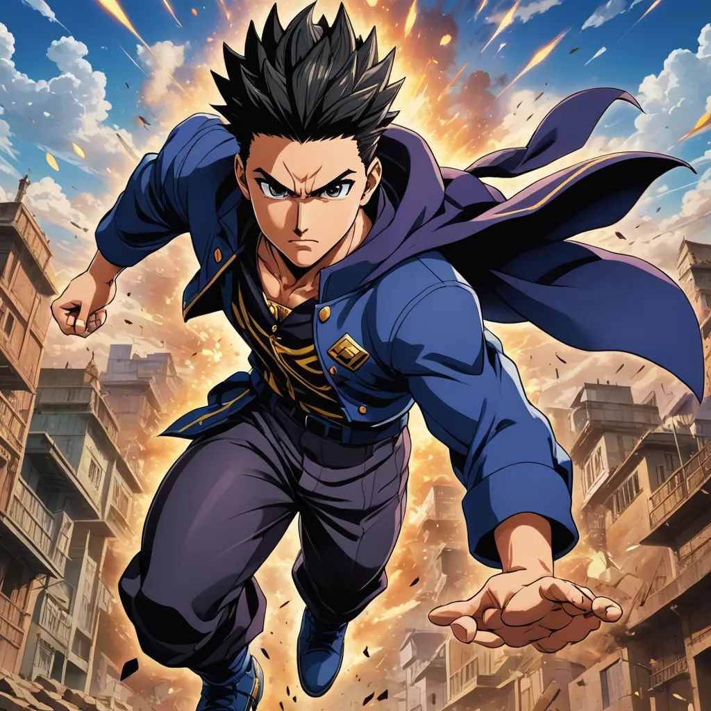 a man in a blue suit is flying through the air with his arms out and his hands out in front of him, sots art, poster art, Adam Manyoki, anime key visual