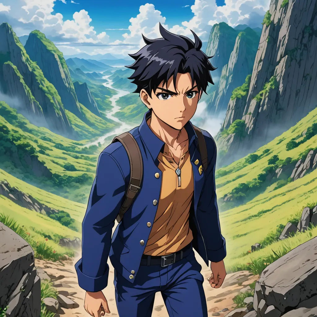 a man in a blue jacket and a brown shirt is walking down a path in a mountainous area with mountains and a valley, rayonism, a character portrait, Eizan Kikukawa, official art