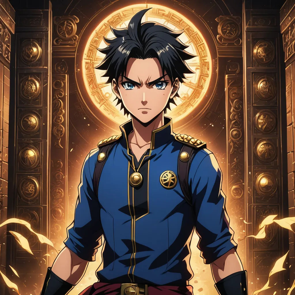 a man in a blue uniform standing in front of a golden door with a clock on it's face, rayonism, poster art, Altoon Sultan, anime key visual