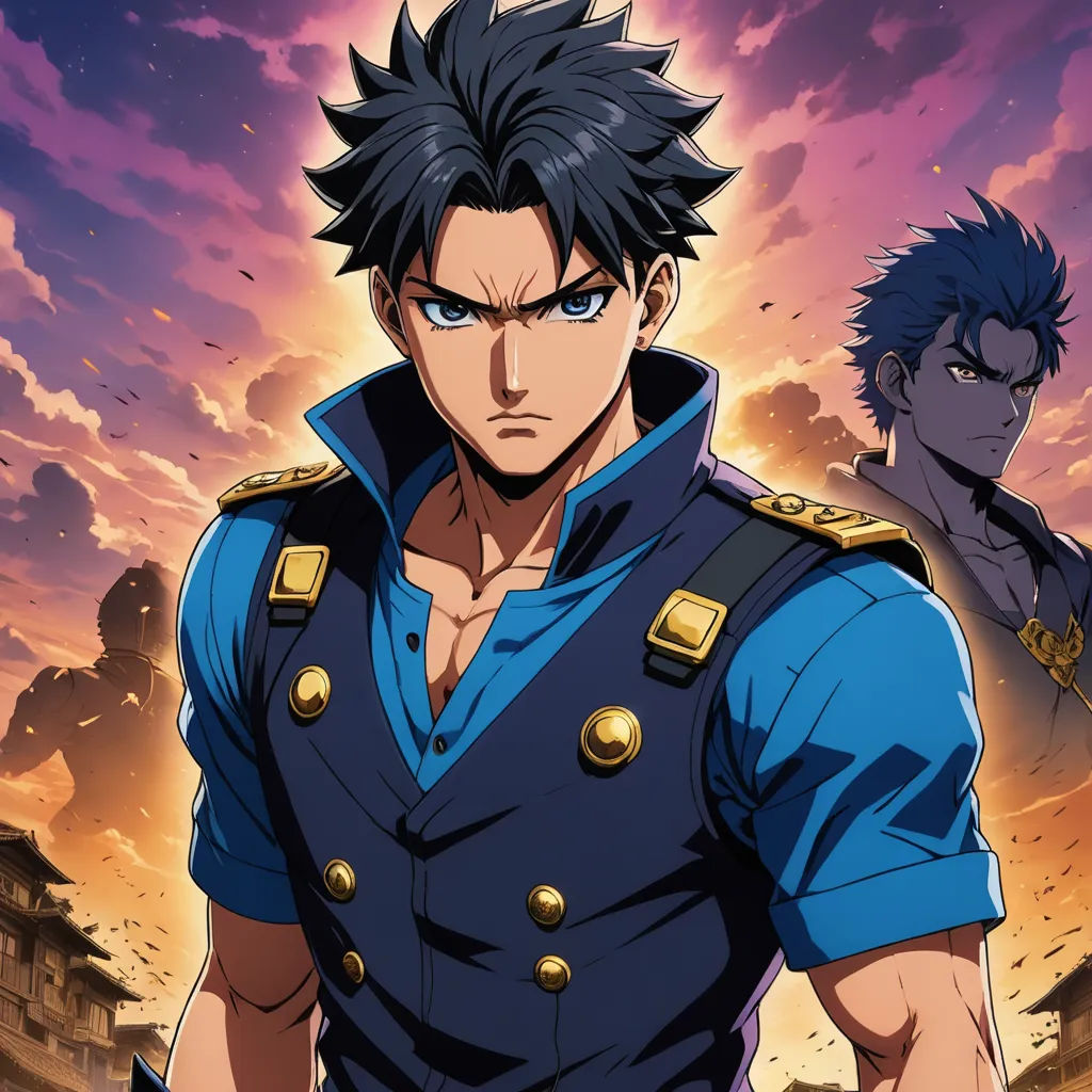 a man in a blue uniform standing next to another man in a blue shirt and a purple sky with clouds, rayonism, a poster, Baiōken Eishun, anime key visual