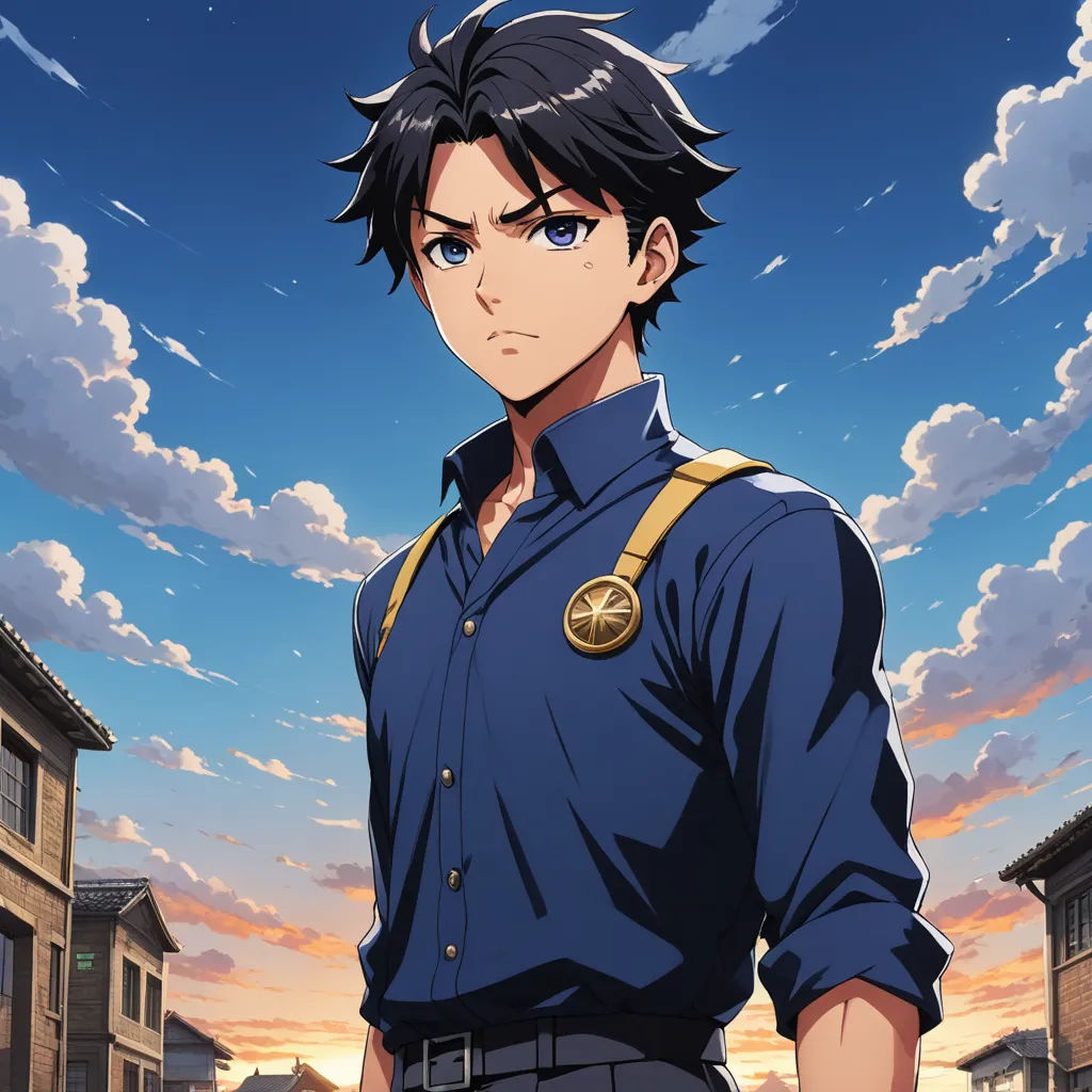 a man in a blue shirt standing in front of a sunset and clouds in the sky with a blue sky behind him, sots art, a character portrait, Cedric Seaut (Keos Masons), anime key visual
