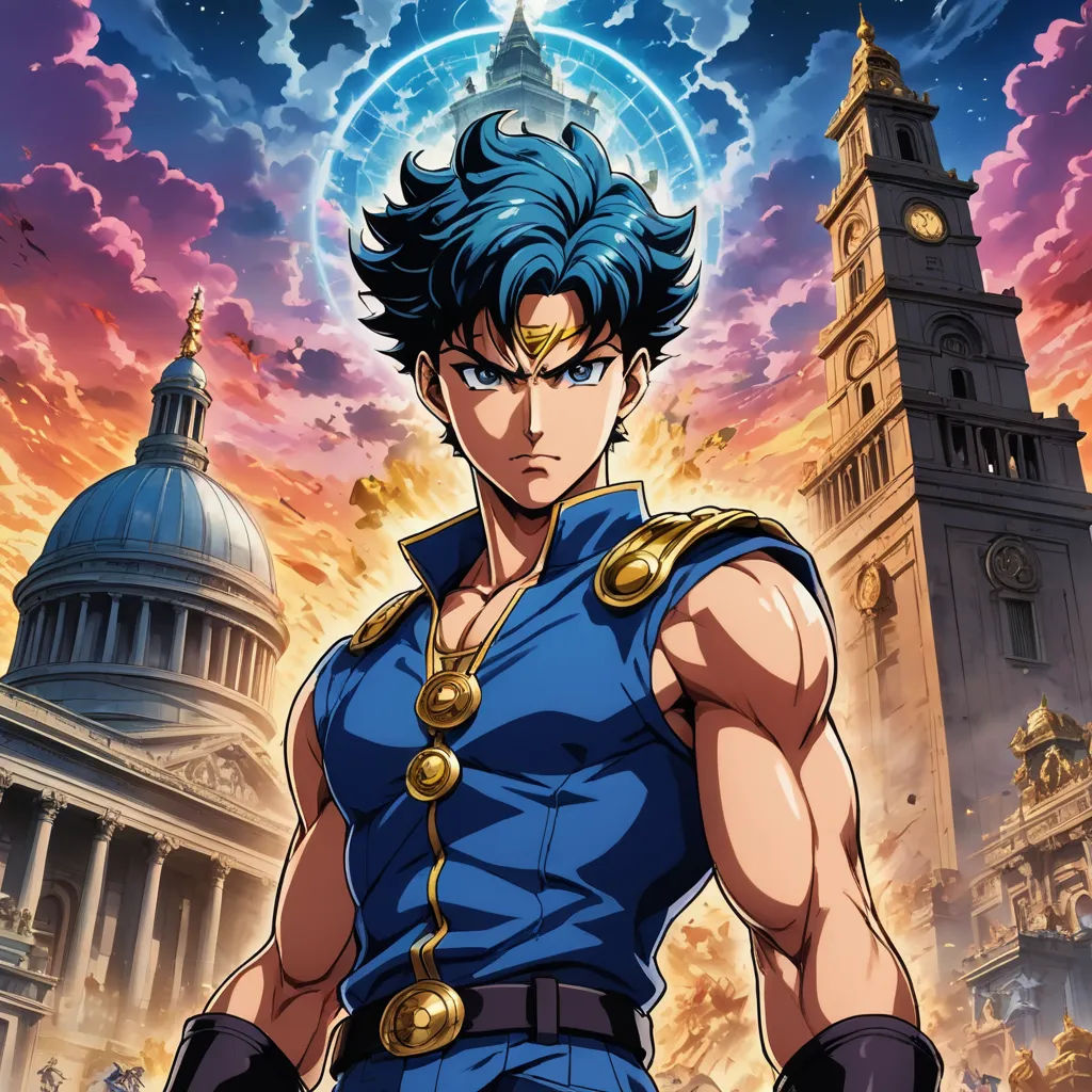 a man in a blue outfit standing in front of a building with a clock tower in the background and a sky with clouds, serial art, poster art, Baiōken Eishun, anime key visual