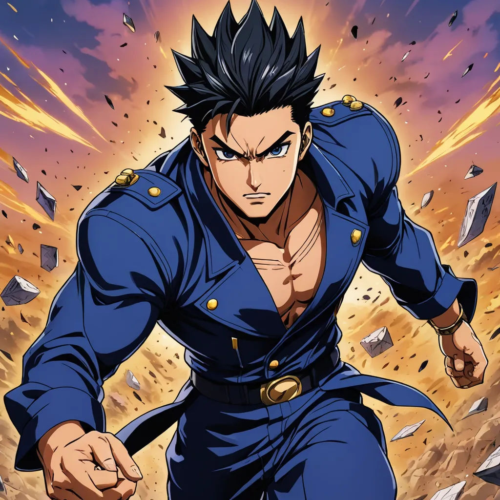 a man in a blue suit with a sword in his hand and a lot of rocks in the background, rayonism, poster art, Baiōken Eishun, yusuke murata