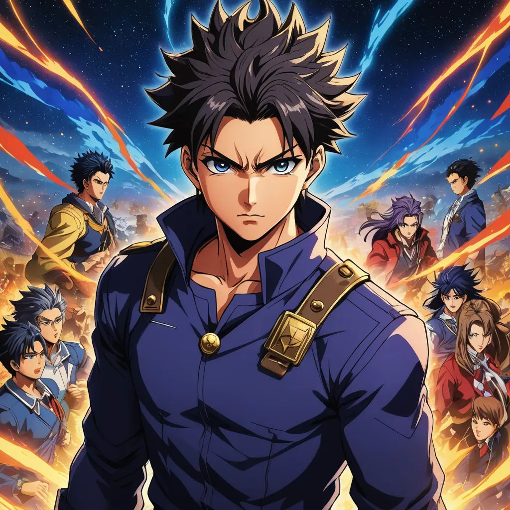 a poster of a man in a blue uniform with many other men in the background and a sky full of stars, sots art, poster art, Baiōken Eishun, anime key visual