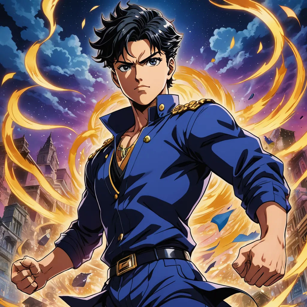 a man in a blue uniform with a sword in his hand and a fireball in the background with buildings and clouds, rayonism, a poster, Baiōken Eishun, anime key visual
