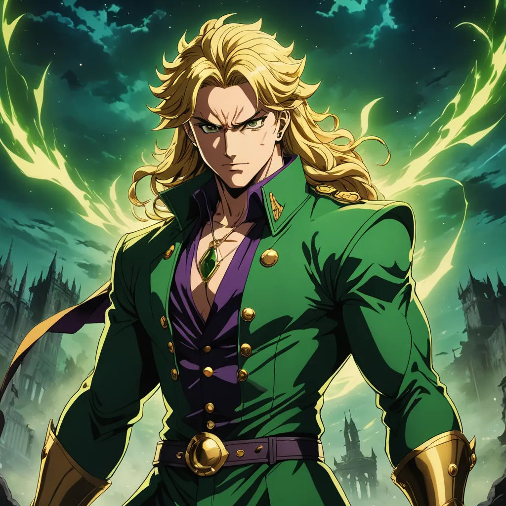 a man in a green suit with a sword in his hand and a green background with a green and yellow flame, rayonism, a character portrait, Adam Manyoki, official art