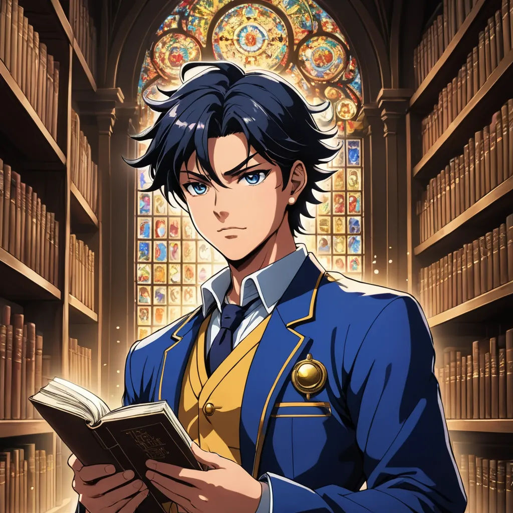 a man in a library reading a book with a stained glass window behind him and a stained glass window behind him, remodernism, a character portrait, Anne Said, official art