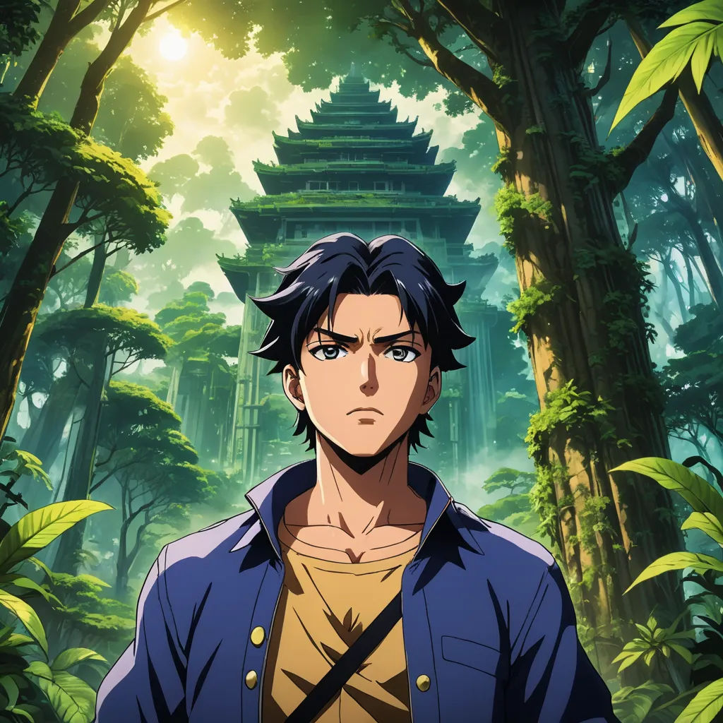 a man in a blue jacket standing in front of a forest with a pagoda in the background and a sun shining through the trees, rayonism, a character portrait, Cedric Seaut (Keos Masons), official art