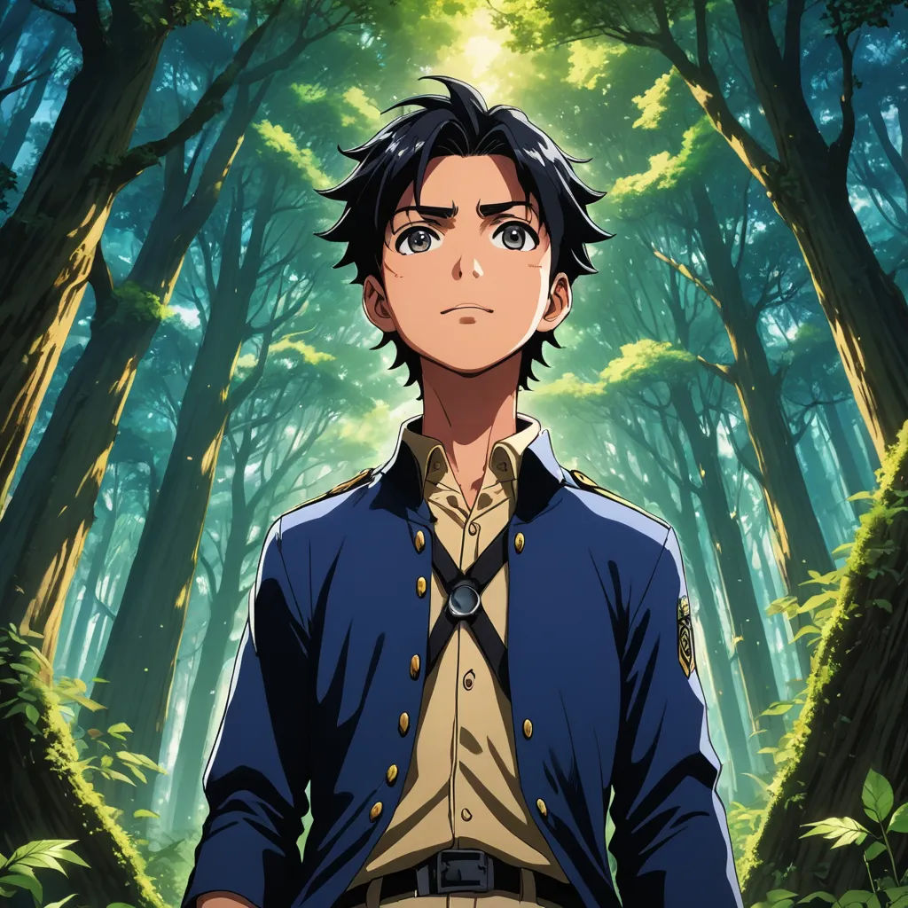 a man in a blue jacket standing in a forest with trees and bushes behind him, looking at the camera, rayonism, a character portrait, Eizan Kikukawa, ufotable