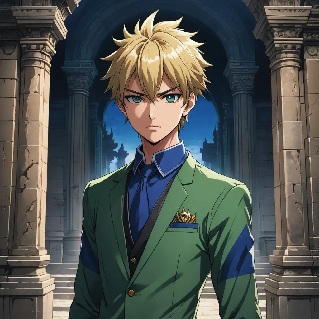 a man in a green suit standing in front of a building with columns and a doorway behind him is a blue sky, sots art, a character portrait, Cedric Seaut (Keos Masons), official art