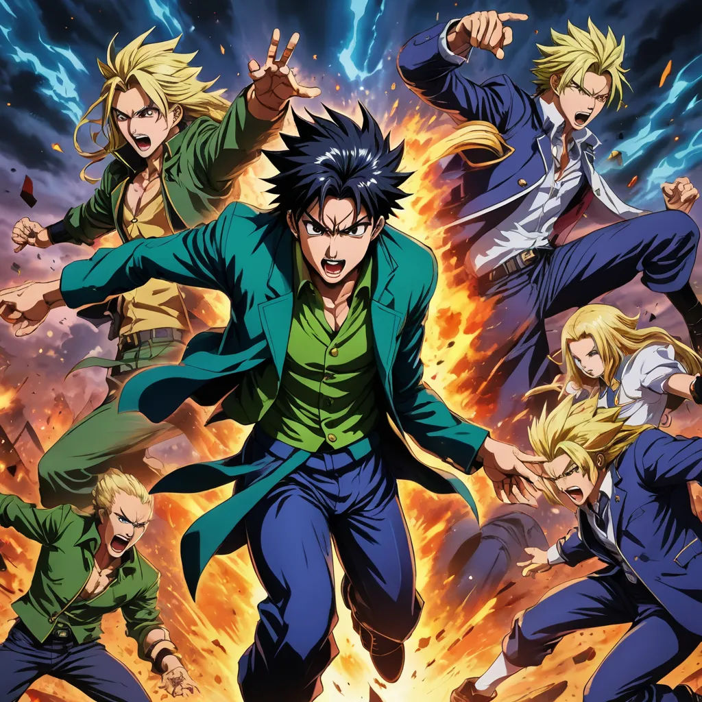 a group of anime characters in front of a fire background with a man in a green suit and a woman in a blue suit, rayonism, a poster, Baiōken Eishun, official art
