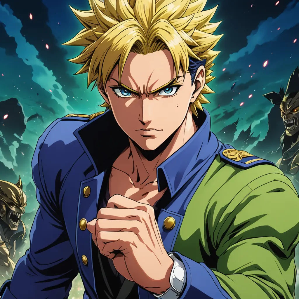 a man in a blue and green outfit with his hands together in front of him and other men in the background, neogeo, poster art, Baiōken Eishun, anime key visual