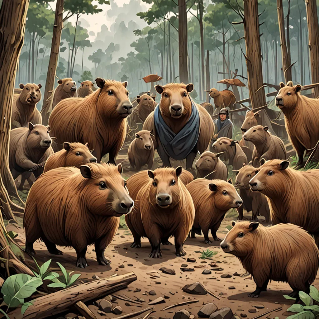 a painting of a herd of brown bears in a forest with a man in the background and a group of other brown bears, primitivism, a storybook illustration, Chris LaBrooy, official art