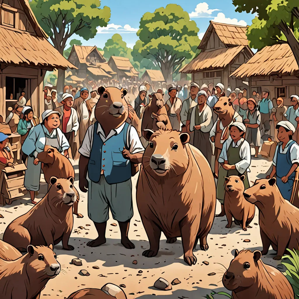 a group of people standing around a bear in a village with bears around them and a man standing in front of them, primitivism, a storybook illustration, Chris LaBrooy, official art