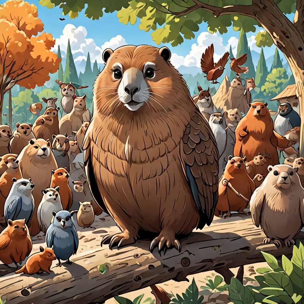a group of animals that are standing on a tree branch in the woods with a bird on the branch, furry art, a storybook illustration, Chris LaBrooy, josan gonzales and dan mumford