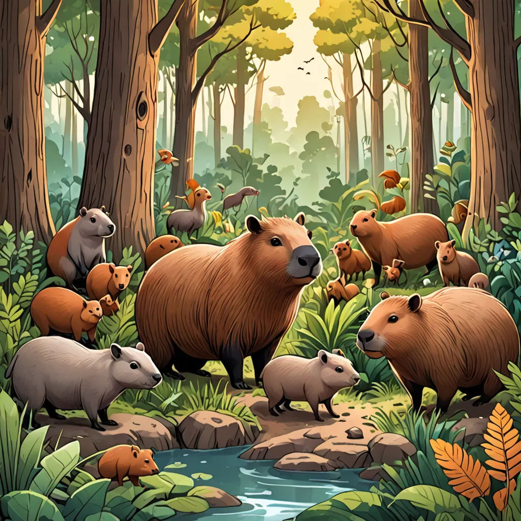 a painting of a forest with animals and plants around it, including bears and other animals, and a stream, rayonism, a storybook illustration, Chris LaBrooy, official art