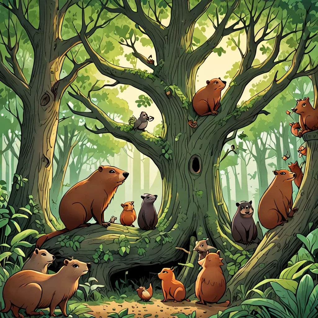 a group of animals sitting around a tree in a forest with a bird on it's head and a squirrel on its back, environmental art, a storybook illustration, Chris LaBrooy, storybook illustration
