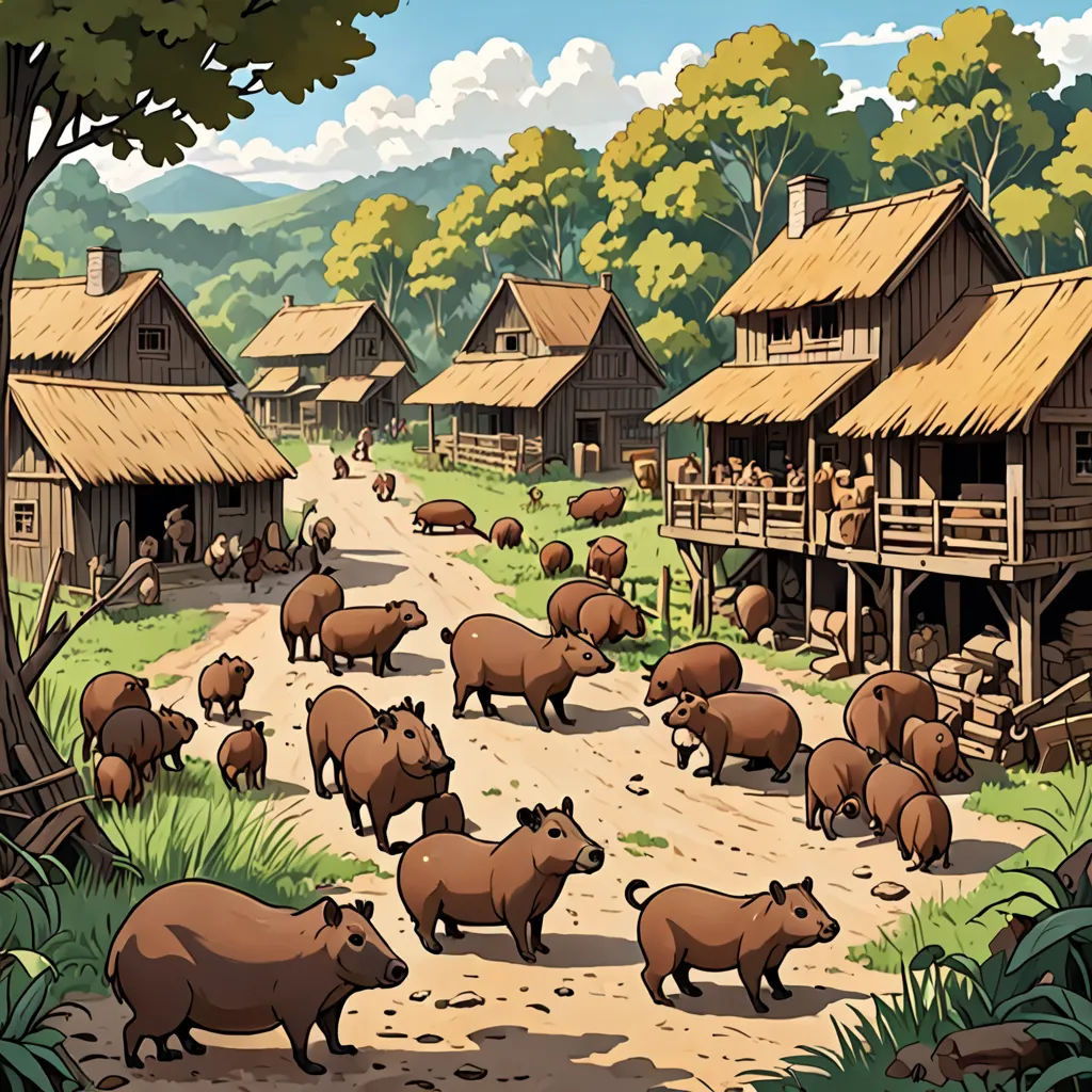 a painting of a village with pigs and a dog in the foreground and a few houses in the background, primitivism, concept art, Chris LaBrooy, official art
