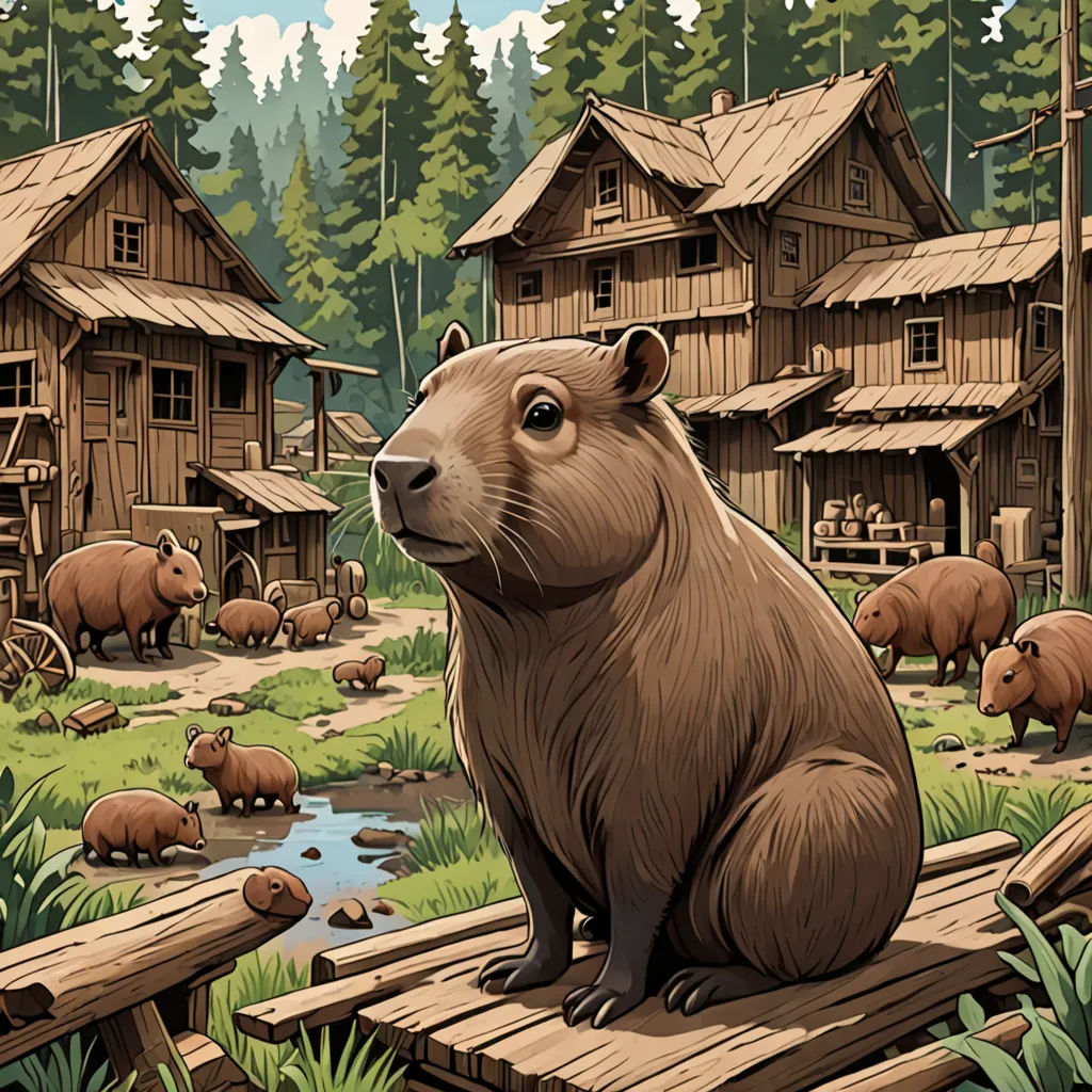 a bear sitting on a wooden bridge in a forest with other bears and a log cabin in the background, primitivism, a storybook illustration, Chris LaBrooy, 2 d game art