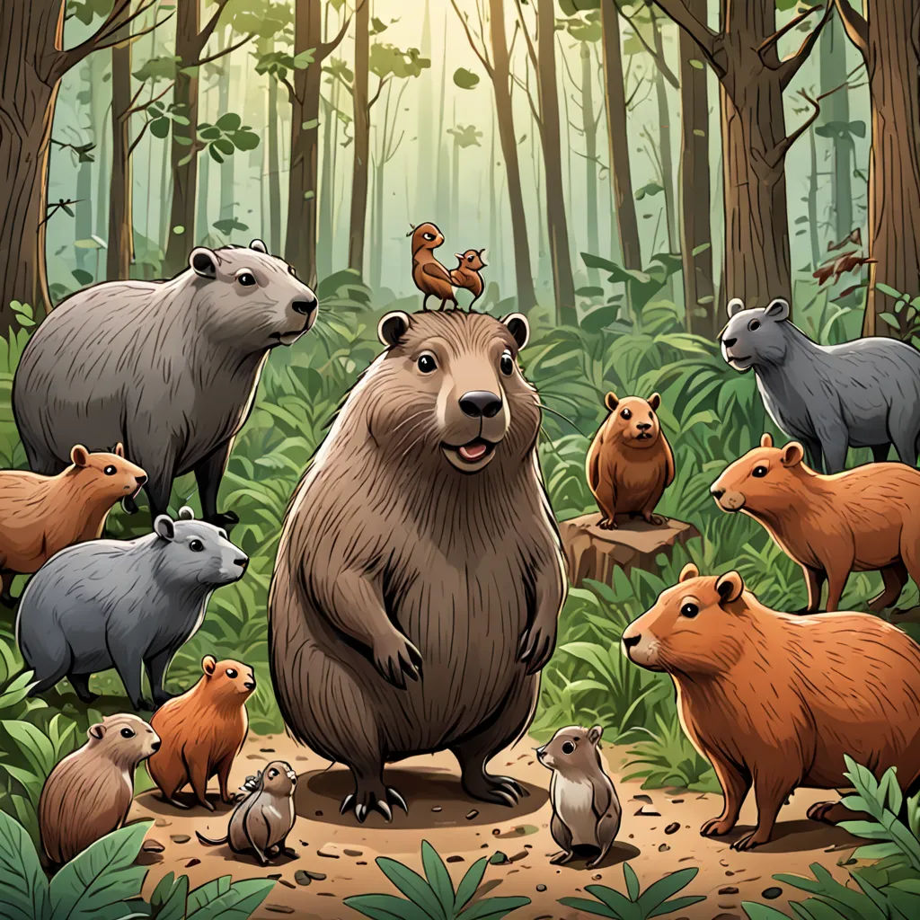 a group of animals standing in a forest with trees and plants around them, including a beaver, a squirrel, and a squirrel, rayonism, a storybook illustration, Chris LaBrooy, official art