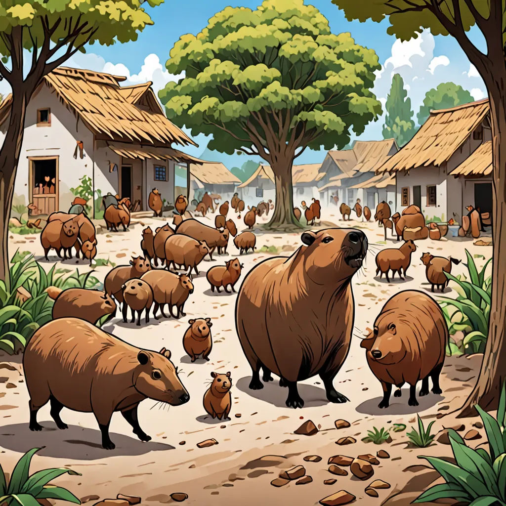 a group of animals standing in a dirt field next to a forest filled with trees and houses with thatched roofs, primitivism, a storybook illustration, Chris LaBrooy, 2 d game art