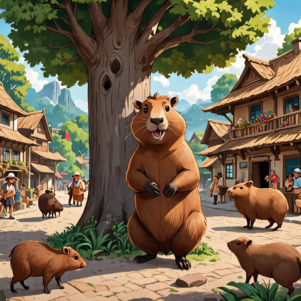 a cartoon of a beaver standing in front of a village with other animals and people in the background,, furry art, a storybook illustration, Chris LaBrooy, official art
