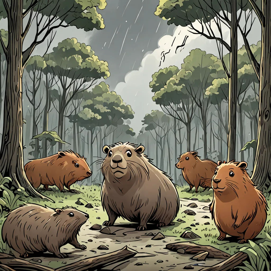 a group of beavers in a forest with rain falling down on them and a beaver looking at the camera, primitivism, an illustration of, Chris LaBrooy, comic cover art