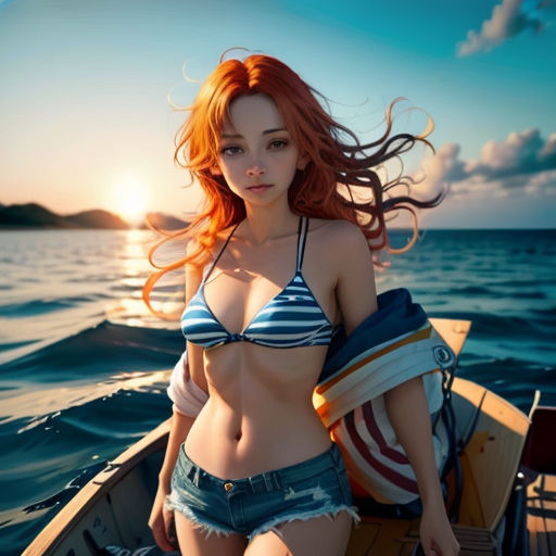 a woman in a bikini is sitting in a boat on the water with the sun behind her and her hair blowing in the wind